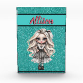 クールファッションガールターコイズグリッターパーソナライズされた フォトブロック (正面)