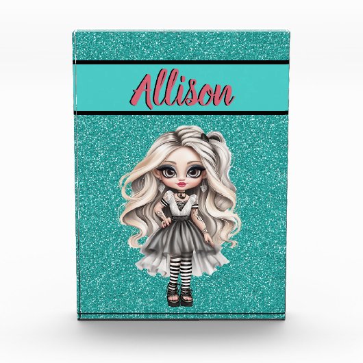 クールファッションガールターコイズグリッターパーソナライズされた フォトブロック (正面)