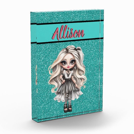 クールファッションガールターコイズグリッターパーソナライズされた フォトブロック (左)