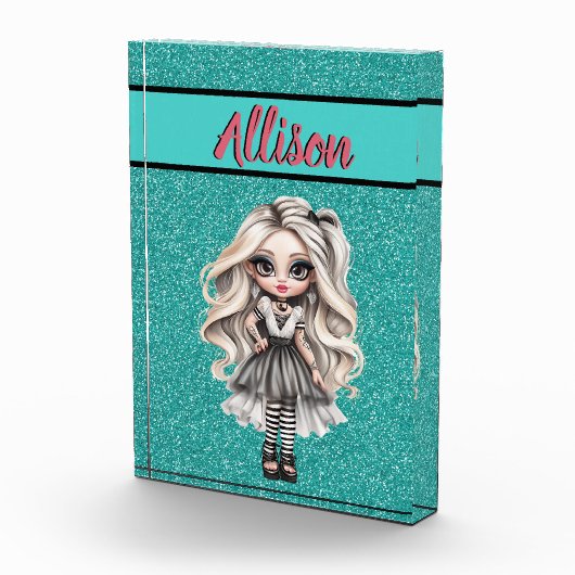 クールファッションガールターコイズグリッターパーソナライズされた フォトブロック (右)