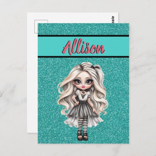 クールファッションガールターコイズグリッターパーソナライズされた ポストカード (正面/裏面)