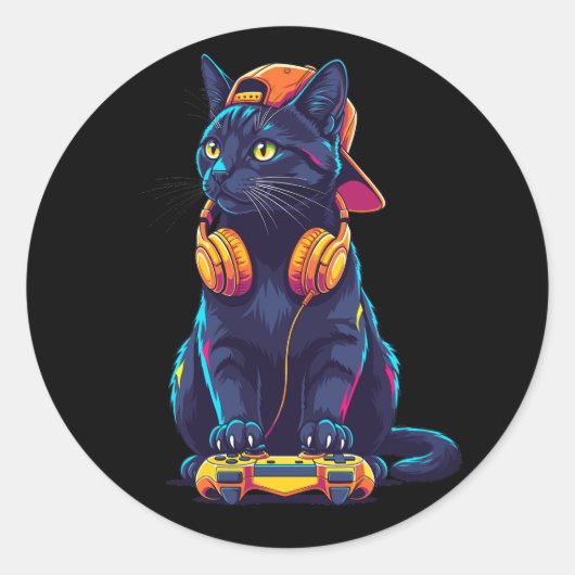 クールブラックキャットゲーマーハロウィン不気味デザイン ラウンドシール (正面)