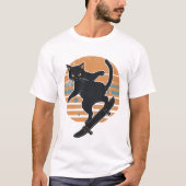クールブラックキャットスケートボーダー レトロ80年代夕焼けグラフィック Tシャツ (正面)
