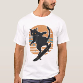 クールブラックキャットスケートボーダー レトロ80年代夕焼けグラフィック Tシャツ