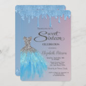 クールブルーグリッター垂れ、ブルードレス スイート16 招待状 (正面/裏面)
