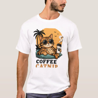 クールベンガルキャット コーヒーとキャットニップ レトロサンセットグラ Tシャツ