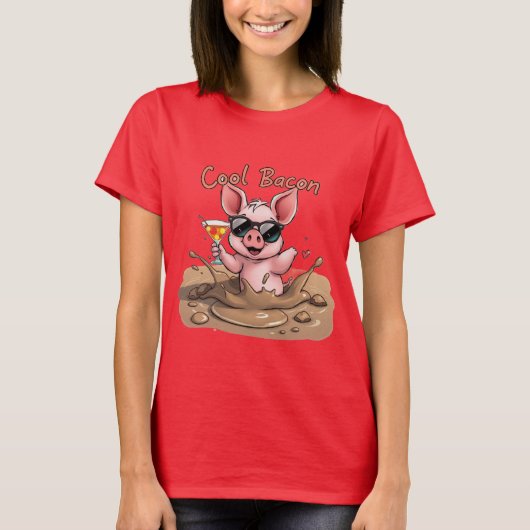 "クールベーコン" サングラスをかけた子豚 Tシャツ (正面)