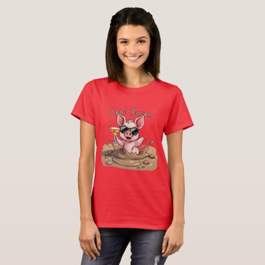 "クールベーコン" サングラスをかけた子豚 Tシャツ (正面フル)