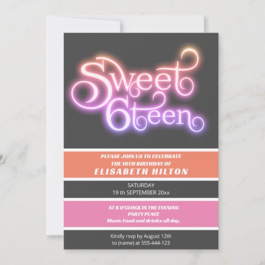 クールモダンストライプタイポグラフィsweet sixteen 招待状 (正面)