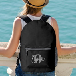 クールモノクロ黒グレーモダンスクリプトモノグラム プリントバックパック