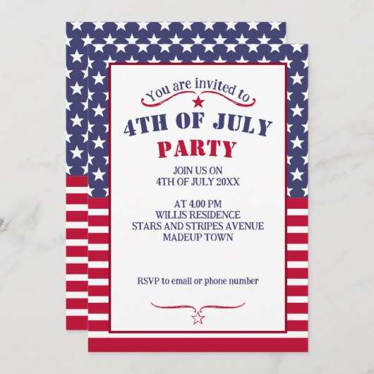 クールレッドホワイトブルースターリングストライプスUSA国旗４日７月 招待状 (正面/裏面)