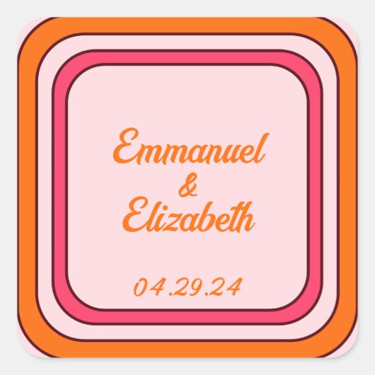 クールレトロ70sピンク&オレンジ結婚ズ スクエアシール (正面)
