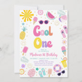 クールワンガールサマープールパーティーファーストバースデー 招待状 (正面)