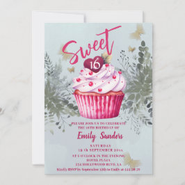 クールヴィンテージ水色の緑のカップケーキ 招待状