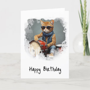 *~*クール子猫ドラマーAP91お尻誕生日カード サンキューカード