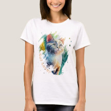 クール水彩猫ポートレートTシャツ