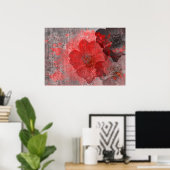 クール赤ユニーク灰色アジアスタイル花芸術 ポスター (ホームオフィス)