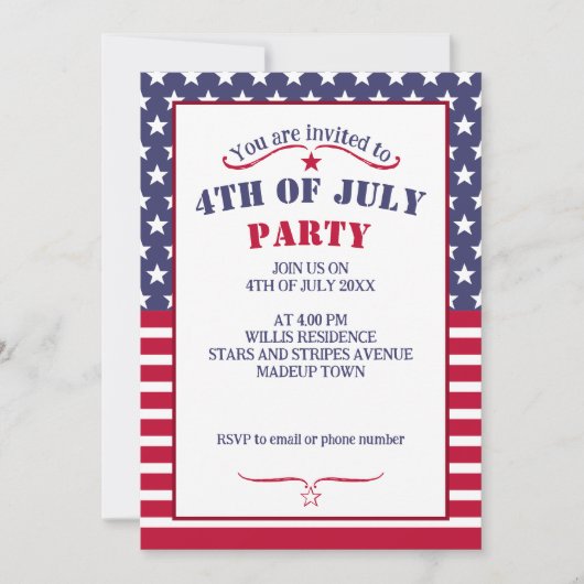 クール赤白青スストライプターズ米国国旗4 7月 招待状 (正面)