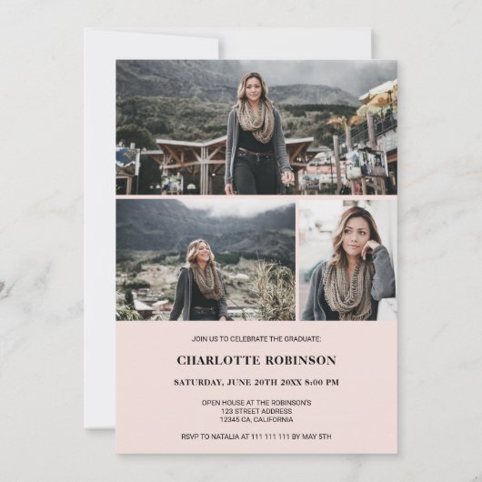 クール赤面ピンクの卒業生の写真卒業 招待状 (裏面)