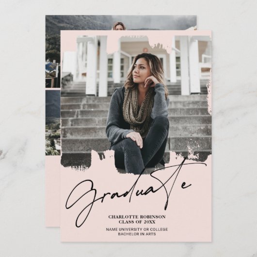 クール赤面ピンクの卒業生の写真卒業 招待状 (正面/裏面)