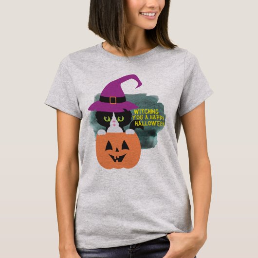 クール遊言葉ハロウィーン魔女ブラックキャット Tシャツ (正面)