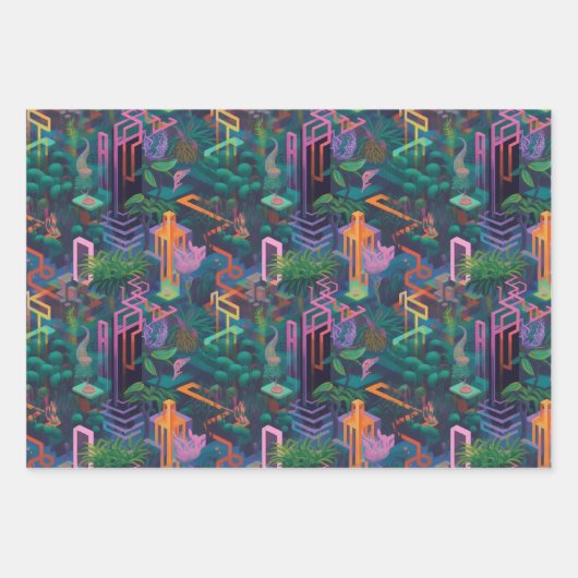 クール風変わりSurreal Lines Shapes Jungle Pattern ラッピングペーパーシート (正面)