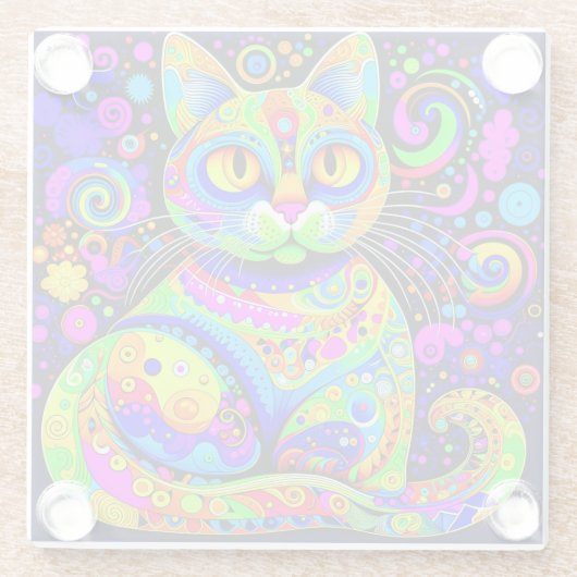 クール鮮やかアートお洒落カラフル猫コースター ガラスコースター (裏面)
