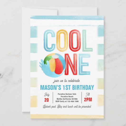 クール1プールパーティービーチ1st誕生日パーティー 招待状 (正面)