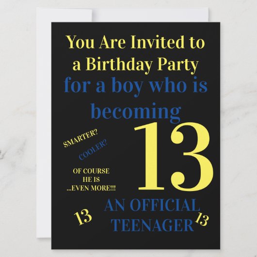 クール!あなたは13歳 オフィシャルティーンエージャーボーイ誕生日 招待状 (正面)