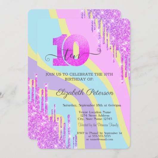 クール グリッター ドリップス グルーヴィー 10歳の誕生日 招待状 (正面/裏面)