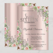 クール グリッター ドリップ ローズゴールド ローズ スイート 16 招待状 (正面/裏面)