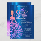 クール グリッター ボケ、ドレス、ティアラ、ブルー スウィート 17 招待状 (正面/裏面)