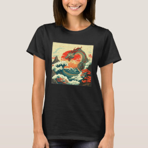 クール シー ドラゴン イラスト 海の波 日没 女性 Tシャツ