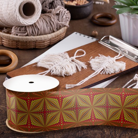 クール ジオメトリック レッド & イエロー ヴィンテージ トライバル エスニック サテンリボン