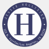 クール ネイビーブルー サークル モノグラム 返送先住所 ラウンドシール (正面)