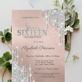 クール モダン シルバー グリッター ドリップス スイート16 招待状