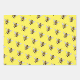 クール モダン ハニービー パターン イエロー オレンジ セージ ラッピングペーパーシート