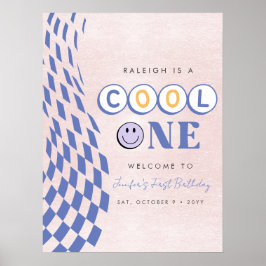クール ワン ガール ファースト バースデー チェッカード レトロ ポスター
