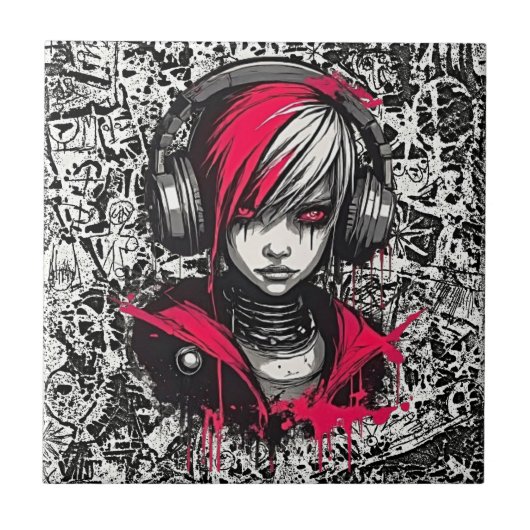 クールCyber 2K Urban Emo Girl with Headphones Art タイル (正面)