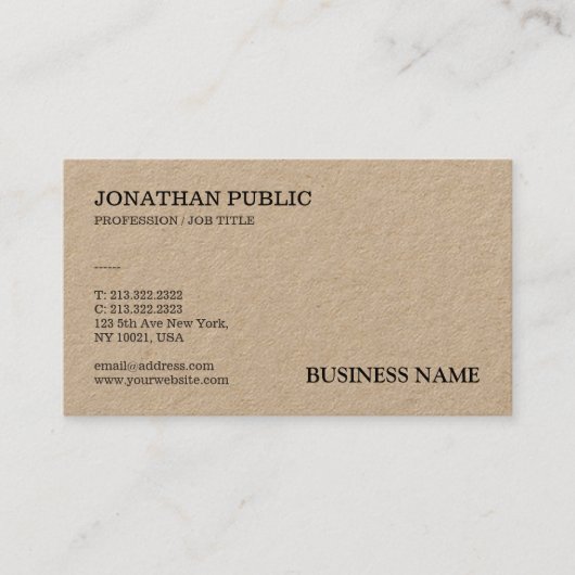 ク実在ラフト紙プロフェッショナルモダン エレガント 名刺 (正面)