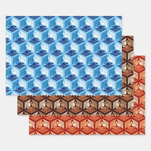 ク日本のレーン、青と白、茶色、オレンジ ラッピングペーパーシート (セット)