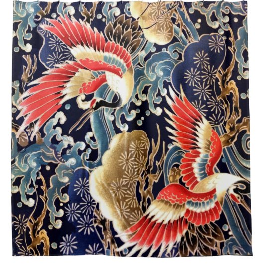 ク飛んでいるレーン，波，春の花日本のフローラ シャワーカーテン (正面)