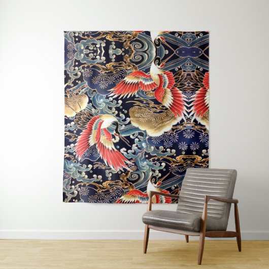 ク飛んでいるレーン，波，春の花日本のフローラ タペストリー (インサイチュ)