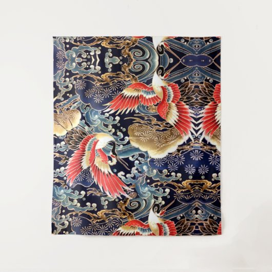 ク飛んでいるレーン，波，春の花日本のフローラ タペストリー (正面)