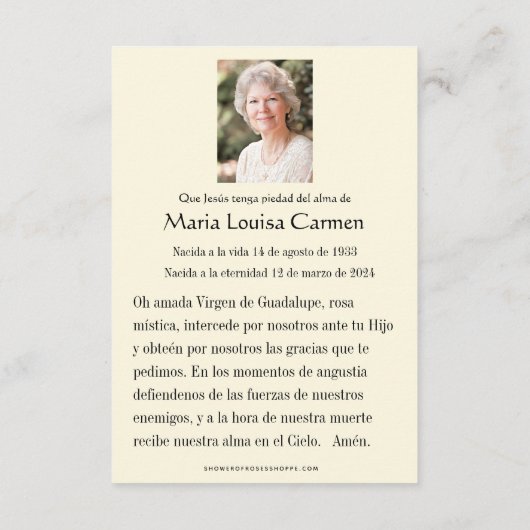 グアダルスペインのペ写真葬儀祈りの言葉聖札 案内状 (裏面)