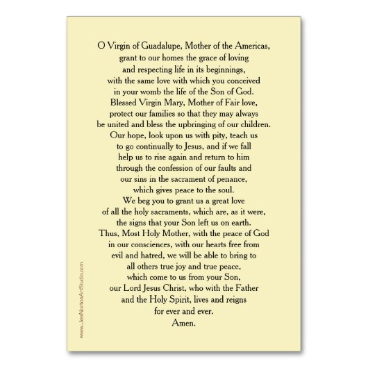 グアダルペの祈りの言葉カードの私達の女性 テーブルナンバー (裏面)