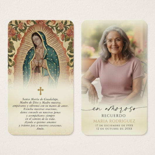 グアダルーペの愛情に満ちた追悼スペイン語祈祷カード (正面&裏面)