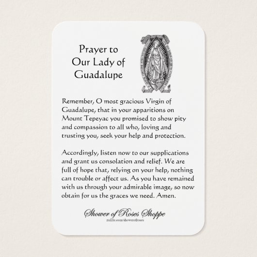 グアダルーペの我々のレディヴァージンメアリー祈りの言葉神聖カード (裏面)