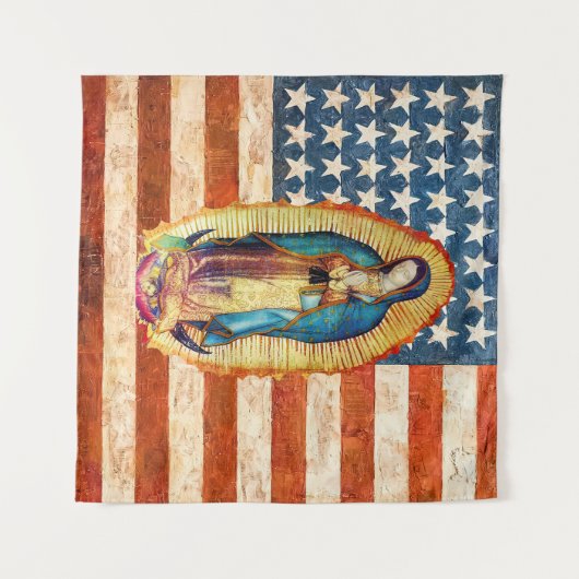 グアダルーペの我々の女性と米国統一された州国旗 タペストリー (正面(横))