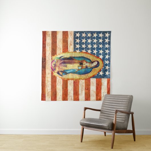 グアダルーペの我々の女性と米国統一された州国旗 タペストリー (インサイチュ(横))